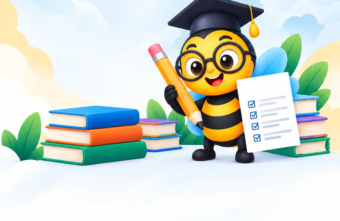 ExamBee mascot with a pencil, books and a finished question paper
