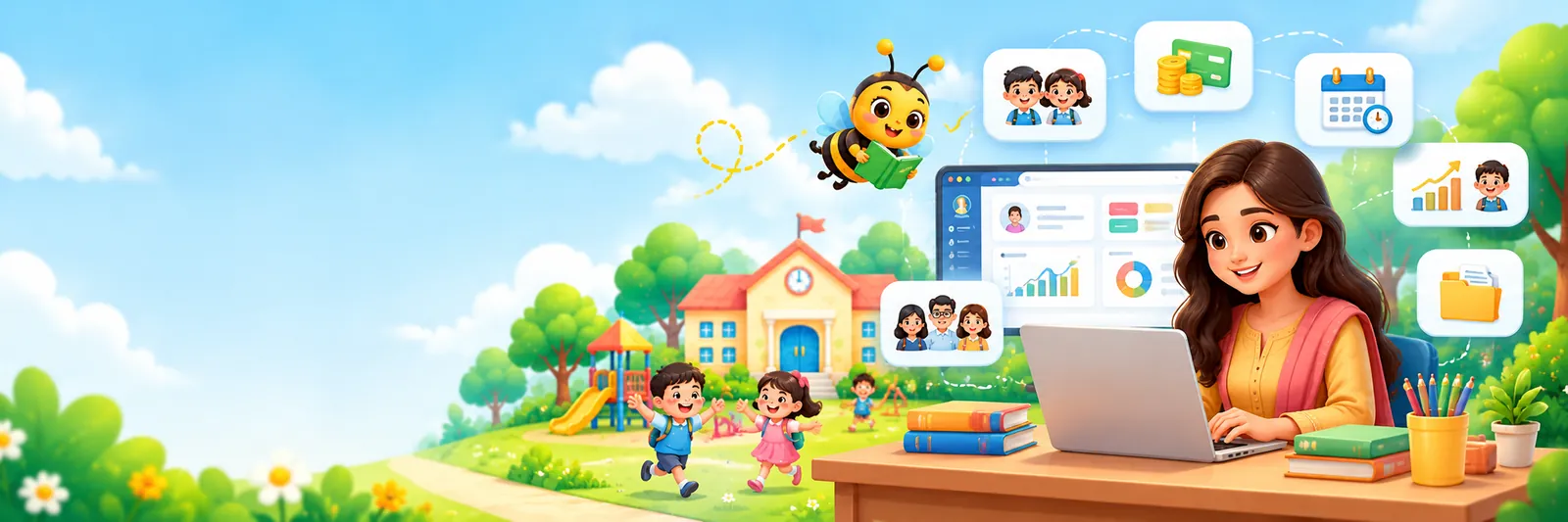 Preschool teacher using SchoolBee on a laptop with feature cards for students, fees, attendance, progress, staff and documents