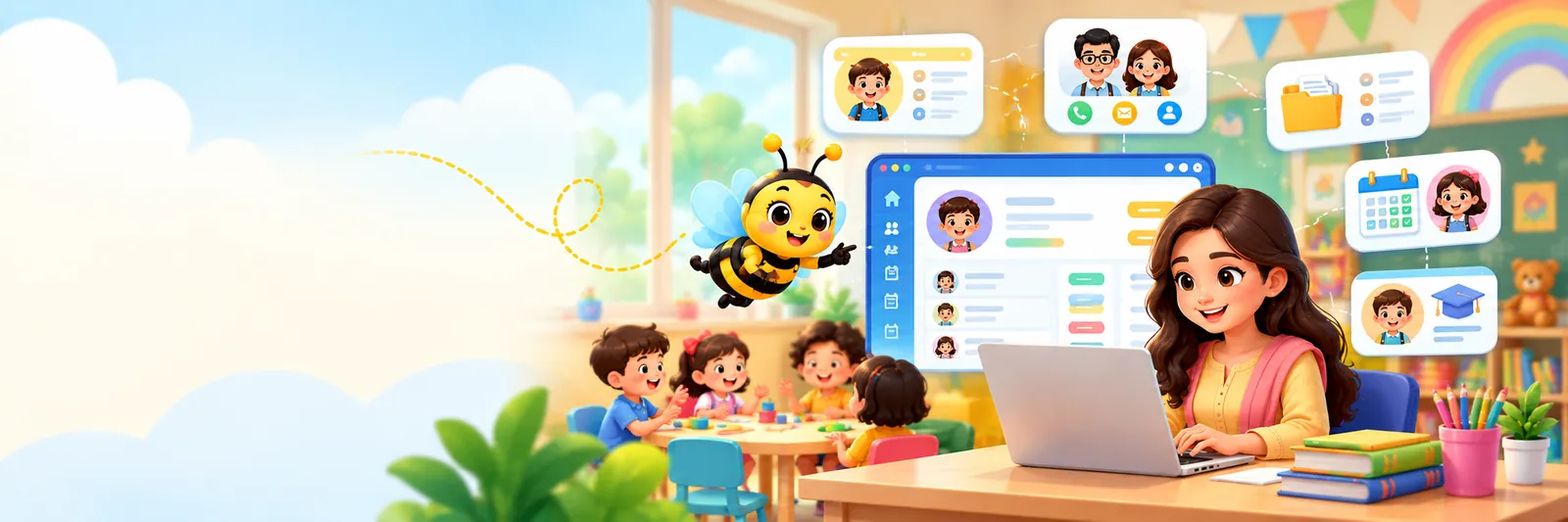 Teacher viewing SchoolBee's student management dashboard with student profile cards