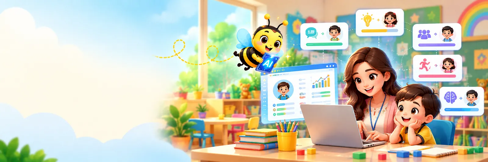 Teacher reviewing a child's developmental progress report in SchoolBee