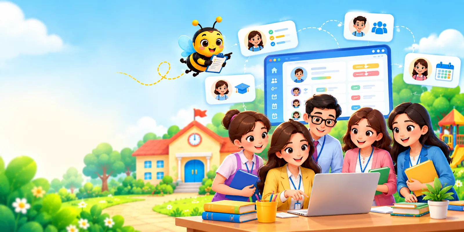 Preschool principal and teachers with SchoolBee's staff management dashboard