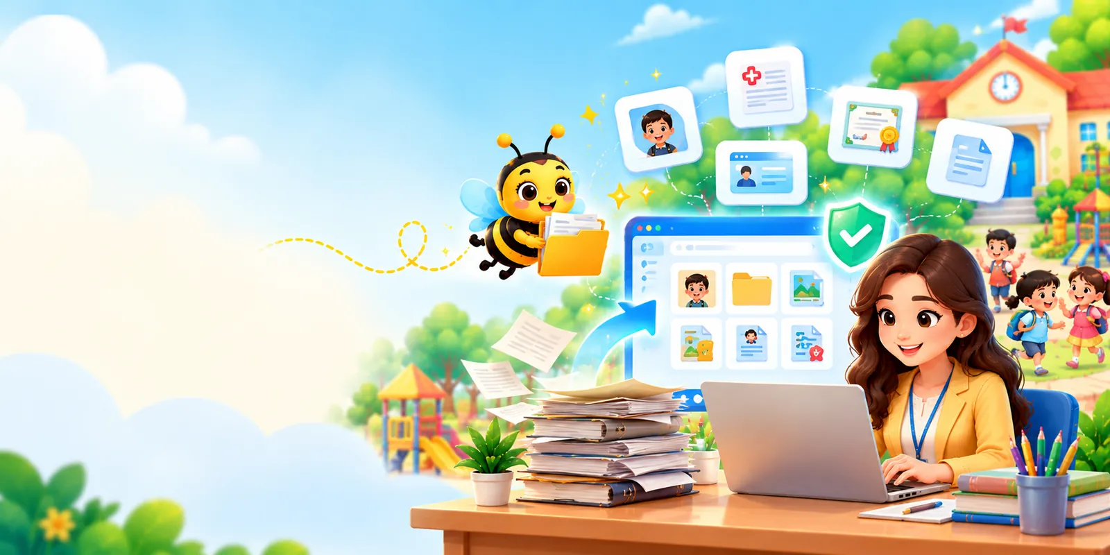 Paper student documents becoming organized digital folders in SchoolBee