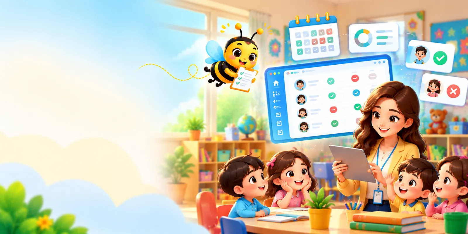 Teacher taking classroom attendance on a tablet with SchoolBee