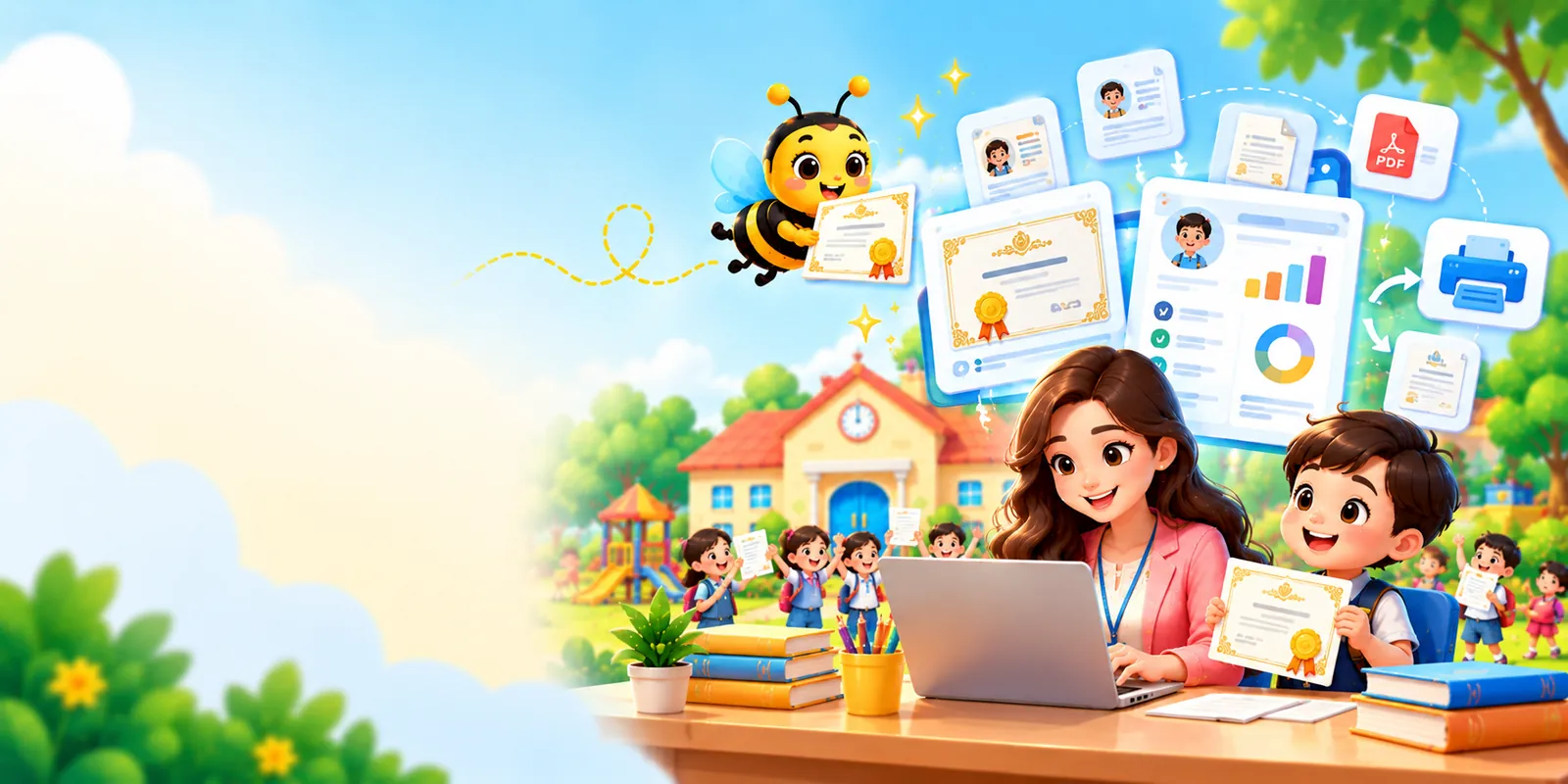 Teacher creating student certificates and progress reports in SchoolBee