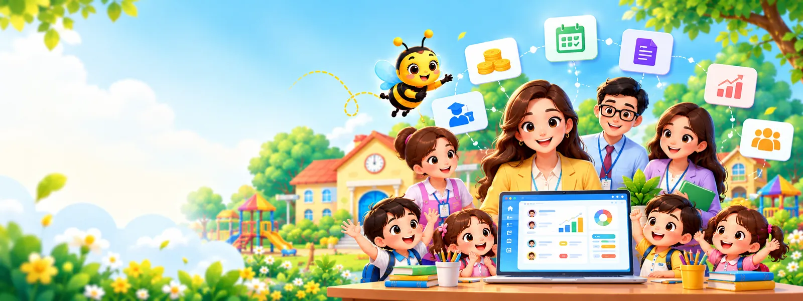 Preschool owner, teachers and children with the SchoolBee dashboard on a laptop