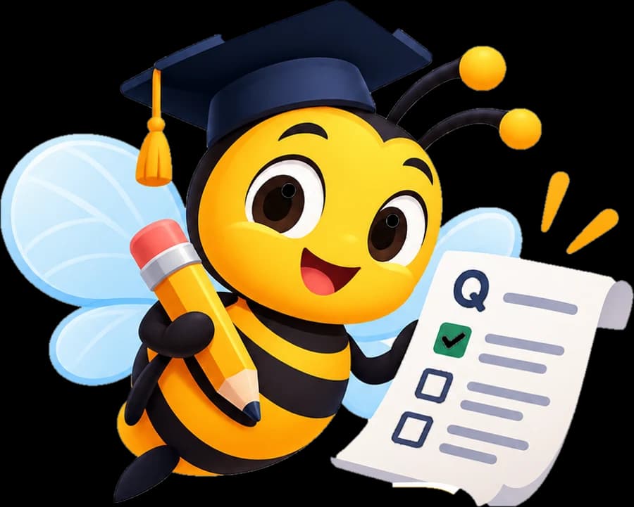 ExamBee mascot holding a pencil and a question paper